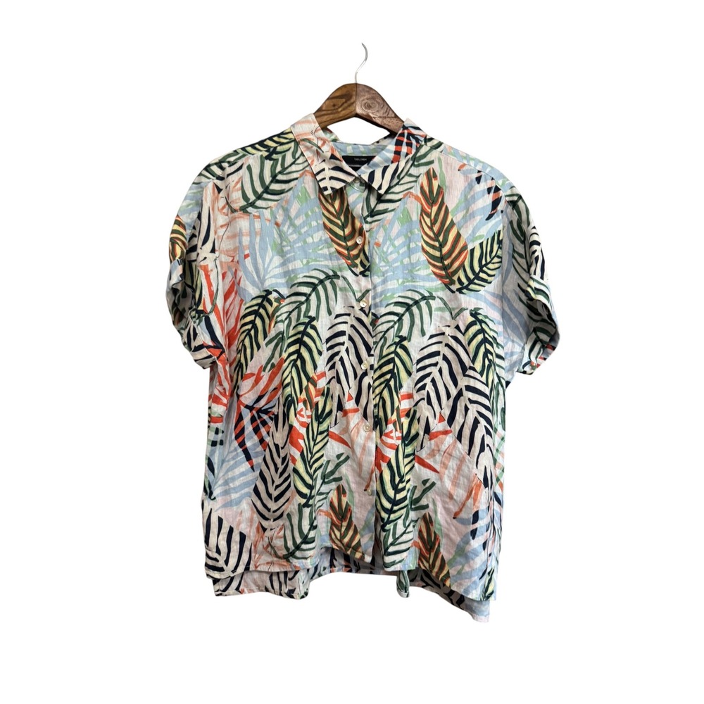 Tahari Linen Button Down Shirt Womens XL Multicolor Tropical Palm Leaf Excellent